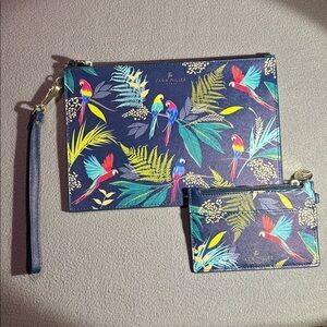 Sara Miller London Parrot tropical Print Clutch and coin purse Set NWOT